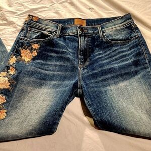DRIFTWOOD Blue Jeans with Gold Floral Embroidery
